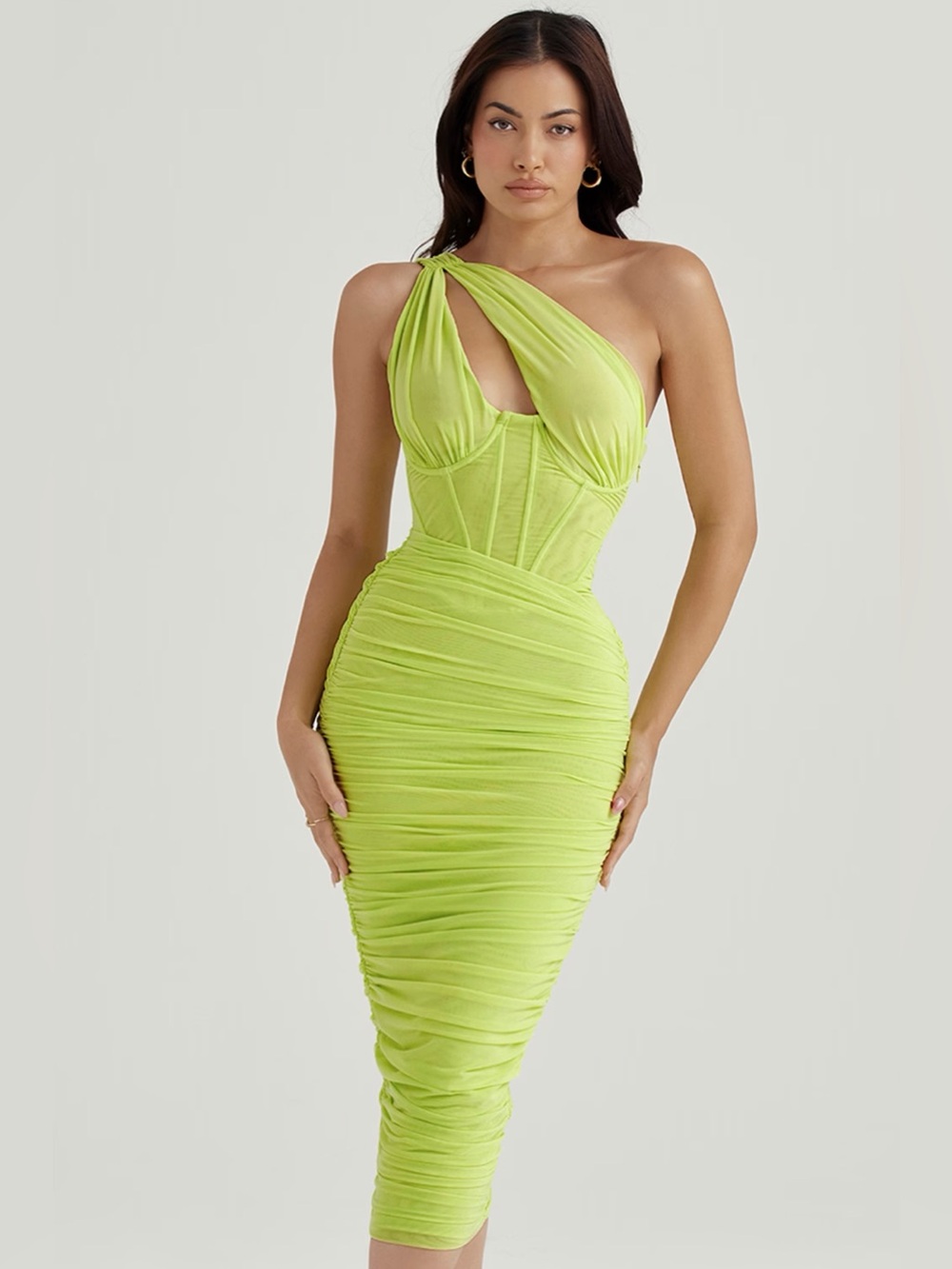 House of CB VALENTINA Lime Asymmetric Cutout Midi Corset Dress Mesh Size XS